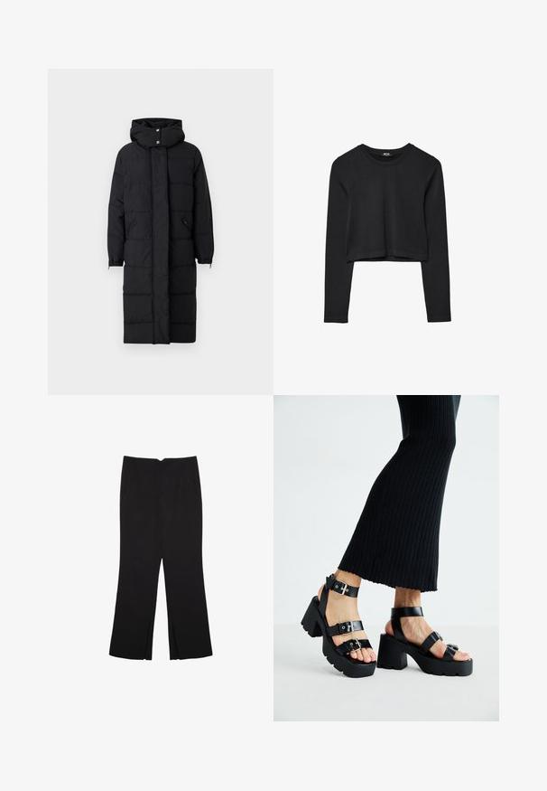 Črni podloženi dolg plašč z visokim ovratnikom, zadrgo spredaj in elastičnimi manšetami. Ima dve stranski žepi in gladko teksturo tkanine.; Črna dolgi rokavi prerezana majica s krožnim izrezom, enostaven dizajn in rahlo ukrivljen rob.; Črne hlače ravnega kroja z naglavnimi žepi in stranskimi razporki na robu. Narejene iz mehke, gladke tkanine. Primerne za različne priložnosti.; Črne platforme s sandali in debelimi, zarezami ter več naramnicami, ki vključujejo kovinske zaponke in gladko teksturo, podobno usnju.