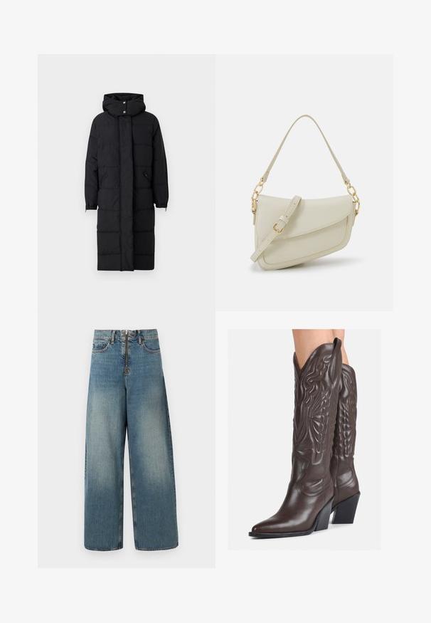 Melnā pildīta garā mēteli ar augstu apkakli, ar rāvējslēdzēju priekšpusē un elastīgām aprocēm. Satur divas sānu kabatas un tam ir gluda auduma tekstūra.; Balta bezpiedurkņu topiņš no ribotā auduma, ar noapaļotu kakla izgriezumu un pieguļošu siluetu, ar minimālām šuvēm un bez rotājumiem.; Platas kājas džinsi gaisā zilo krāsā. Iespējo jostas vieta ar rāvējslēdzēju un pogu, kā arī viegla izbalēšana nodrošina nolietotu izskatu.; Brūni ādas kovboju zābaki ar norādītu purngalu un blokveida papēdi, ar detalizētu šūšanu un paceltiem akcentiem uz kājas daļas.; Maza krēmkrāsas rokas soma ar teksturētu apdari, garu regulējamu siksniņu, ķēdes akcentu un vāciņa aizdari. Zelta aparatūras detaļas.; Sudraba gredzenveida auskari ar savītu dizainu, kas ir ar pulētu apdari un ar aizmugurēju fiksāciju. Izmērs ir aptuveni 3 cm diametrā.