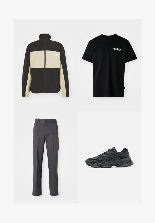 The North Face EASY WIND TRACK JACKET - Suvejakk - black/clay grey; Must musta T-särk lühikeste käiste ja ümmarguse kaelusega. Rindadele on trükitud valge kaarline logo "DICKIES". Lihtne disain, ilma mustriteta.; Tumedat hallid puuvillasegustest pükstest, mis on sirge sääre disainiga, ees olevate taskutega ja nööpkinnitusega vööl.; Mustad mustus jooksukeng, mis sisaldab segu võrgust ja sünteetilisest materjalist, jäme talla, kaarduv disain ja silmapaistev bränding külgedel.