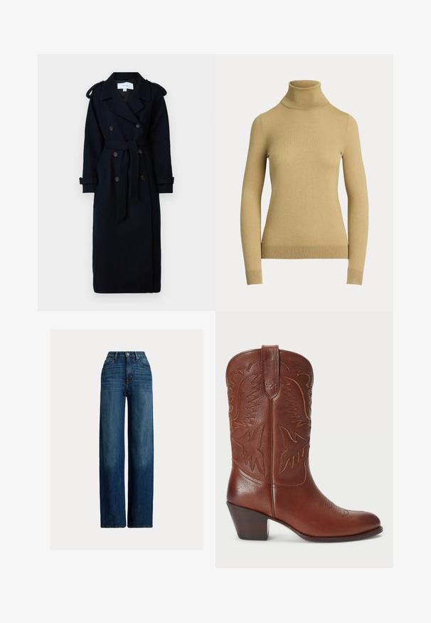 VILA VISOFIE HEAVY MAXI - Šineļveida mētelis - navy; Gaišais beidzis džemperis ar augstu apkakli, izgatavots no gluda, mīksta dzijas. Tam ir garas piedurknes un pieguļošs siluets ar ribotu apakšmali.; Tumši zilie plaša kāju džinsi. Ar augstu jostasvietu, pogu aizdari un klasisko piecu kabatu dizainu. Gluda tekstūra ar smalku izbalēšanu.; Brahna ādas kovboju zābaks ar norādītu pirkstu, izdaiļots rietumu dizains un uzlikts papēdis. Ietver šuves un gludu tekstūru.