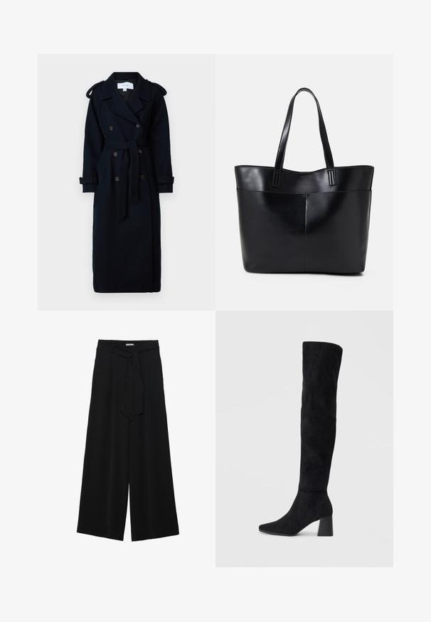 VILA VISOFIE granatowy; Czarny top z długim rękawem, z rozkloszowanymi mankietami, miękką fakturą i luźnym krojem, z prostym okrągłym dekoltem.; Czarne spodnie szerokie z teksturowanej tkaniny, z elastycznym paskiem w talii i odpinanym paskiem w talii dla regulowanego dopasowania.; Czarne zamszowe botki do kolan na kwadratowym obcasie, z wydłużonym noskiem i gładkim, bezszwowym wzorem na jednolitym jasnym tle.; Czarna skórzana torba na ramię z dwoma długimi uchwytami, gładką teksturą i sztywną formą. Posiada przednią kieszeń dla dodatkowego przechowywania.