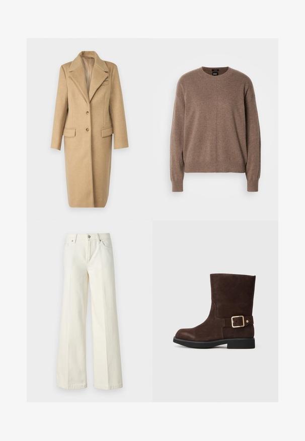 Hellbrauner Wollmantel mit Reverskragen, einem einzigen Knopfverschluss und zwei Vorderentaschen. Verfügt über einen geraden Schnitt und eine weiche Textur.; Brauner Strickpullover mit rundem Halsausschnitt, langen Ärmeln und lässiger Passform. Verfügt über eine dezente Textur und eine zentrale Nahtdetails.; Weite weiße Jeans aus einem Baumwollmischgewebe. Verfügt über einen Reißverschluss, ein Fünf-Taschen-Design und Nähte entlang der Säume.; Braune Wildleder-Ankle-Boots mit runder Spitze, flacher schwarzer Sohle und goldfarbener Schnallenakzent an der Seite. Glatte Textur und einfaches Design.