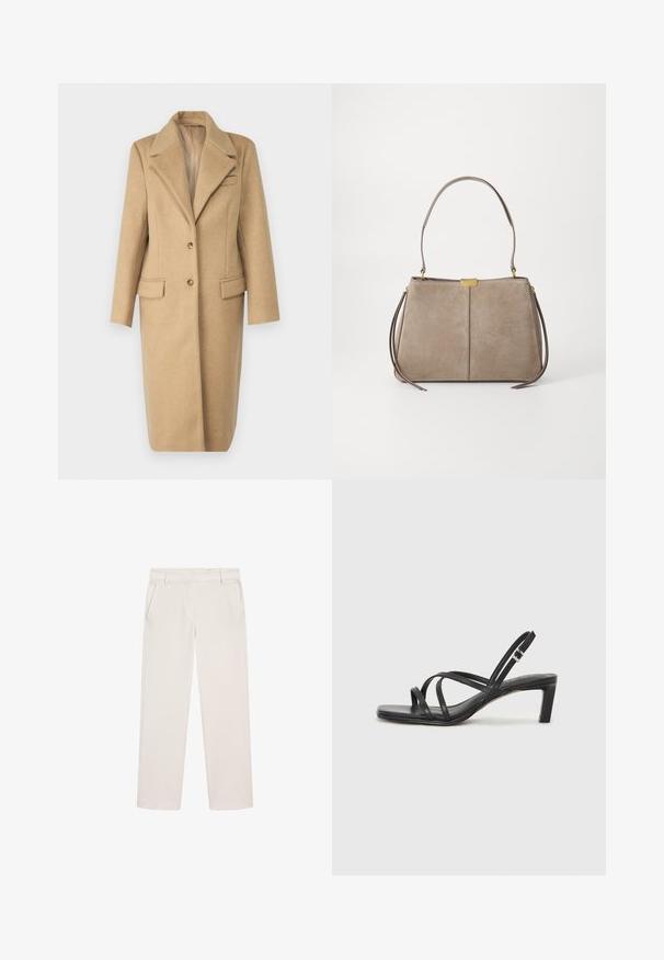 Svetle hnědý vlněný kabát s klopovým límcem, jedním knoflíkem na zapínání a dvěma předními kapsami. Má rovný střih a měkkou texturu.; Krémový svetr s dlouhým rukávem vyrobený z měkké pleteniny. Má kulatý výstřih, žebrované manžety a zkrácený lem.; Krémové kalhoty rovného střihu s poutky na opasek, bočními kapsami a skrytým zapínáním vpředu.; Černé sandály na tenkém podpatku se čtveratou špičkou a nízkým blokovým podpatkem. Mají několik tenkých popruhů a nastavitelné zapínání okolo kotníku. Vyrobeny z hladké kůže.; Tommy Hilfiger CASUAL SHOULDER BAG - Kabelka - coastal taupe