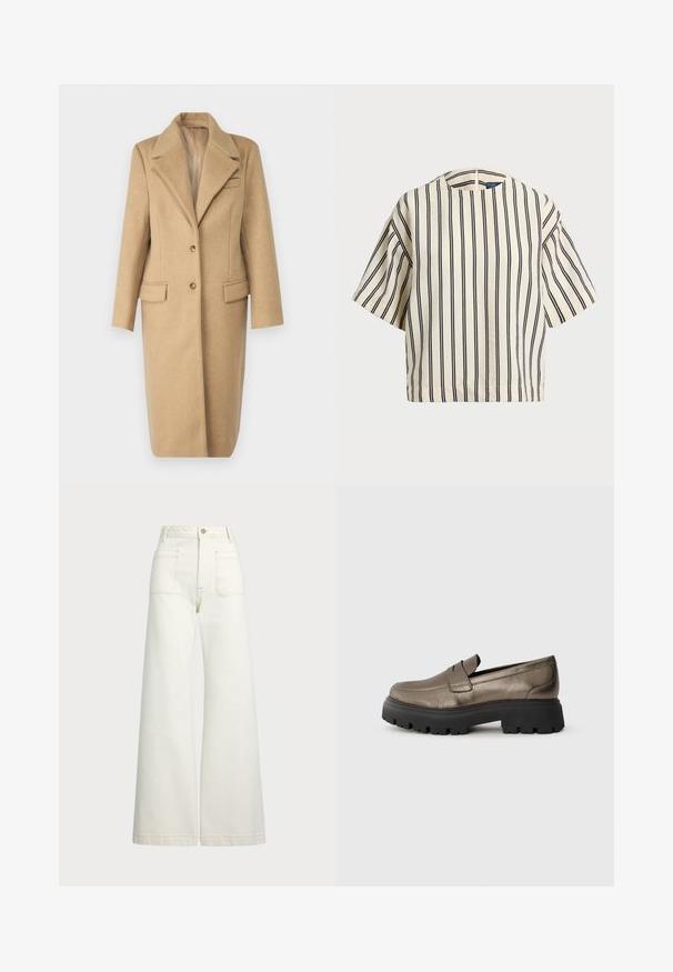 Kerge pruun villane jope, millel on klapiga krae, ühekohaline nööpsulgur ja kaks esist pocketit. Omab sirget lõiget ja pehmet tekstuuri.; Kreemjas ja tumesinises triibuline lühikeste varrukatega top, millel on ümmargune kaelus ja kastmine disain, valmistatud tekstuurses kangas.; Laiad teksad heledast denimist. Kõrge vöökoht, nööbivöö, kaks esikotitäit ja kontrastsed õmblused.; Metallik oliivroheline nahast mokasiin, millel on ümar varvas, mustal jämedal kummitaldadel ja minimaalne õmblusdetail pealsel.