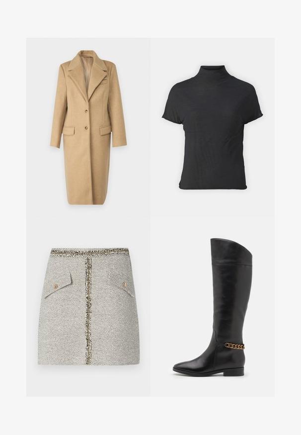 Light brown wool coat with a notched lapel, single button closure, and two front pockets. Features a straight cut and soft texture.; Black short-sleeve turtleneck top made of lightweight fabric with a smooth texture and a fitted shape, featuring a high neckline.; Woven tweed skirt in white and black herringbone pattern, features two front pockets and a gold-tone zipper at the back with frayed edges.; Tall black leather boots with a sleek design, pointed toe, and a gold chain accent at the ankle. Low block heel. Smooth texture.