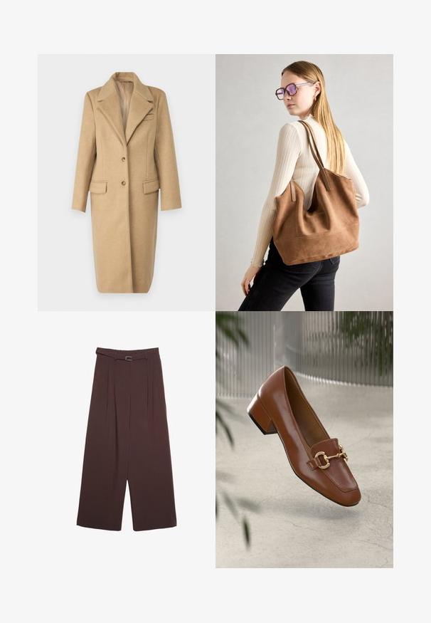 Cappotto in lana marrone chiaro con rever a lancia, chiusura con un bottone e due tasche frontali. Presenta una linea dritta e una texture morbida.; T-shirt bianca a maniche corte con scollo rotondo ampio e texture a coste, realizzata in tessuto morbido, caratterizzata da una vestibilità rilassata e un design pulito.; Stradivarius WIDE-LEG WITH BUCKLE DETAIL - Pantaloni - dark brown; Mocassino in pelle verniciata marrone con punta quadrata, accentato da catena metallica e tacco basso; texture liscia, design minimalista.; Borsa a tracolla in suede marrone con texture morbida, ampia apertura e lunghe cinghie. Caratterizzata da un design semplice con cuciture visibili e senza accessori.