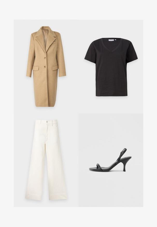 Hellbrauner Wollmantel mit Reverskragen, einem einzigen Knopfverschluss und zwei Vorderentaschen. Verfügt über einen geraden Schnitt und eine weiche Textur.; Schwarzes Baumwoll-T-Shirt mit V-Ausschnitt und kurzen Ärmeln. Einfaches Design mit normalem Schnitt und ohne Muster oder Akzente.; Weite Hosen aus hellem beigen Baumwollstoff. Mit hoher Taille, vorderen Taschen und geradem Schnitt. Saubere Saumverarbeitung ohne Muster.; Schwarze Leder-Sandalen mit hohen Absätzen, schlankem, gebogenem Absatz und gekreuztem Riemendesign. Verstellbarer Knöchelriemen. Glatte Textur.