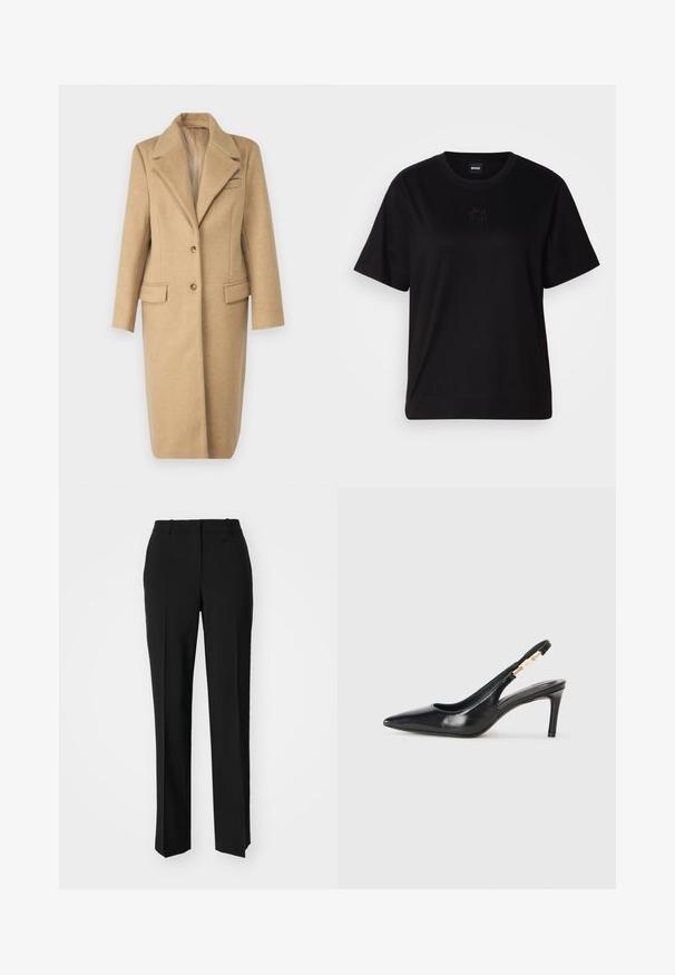 Lysebrun ullfrakk med notched krage, enkelt knappelukking og to framlommer. Har rette linjer og myk tekstur.; Svart bomull T-skjorte med rund hals, korte ermer og et brodert logo på brystet. Enkel, avslappet passform uten mønstre.; Sorte skreddersydde bukser med rett silhuett, med en glatt tekstur og klare pressede bretter foran. Ingen synlig maskinvare.; Sorte skinn slingback høyhælte sko med spiss tå, glatt tekstur og en smal ankelrem med gullhardvareakenter.