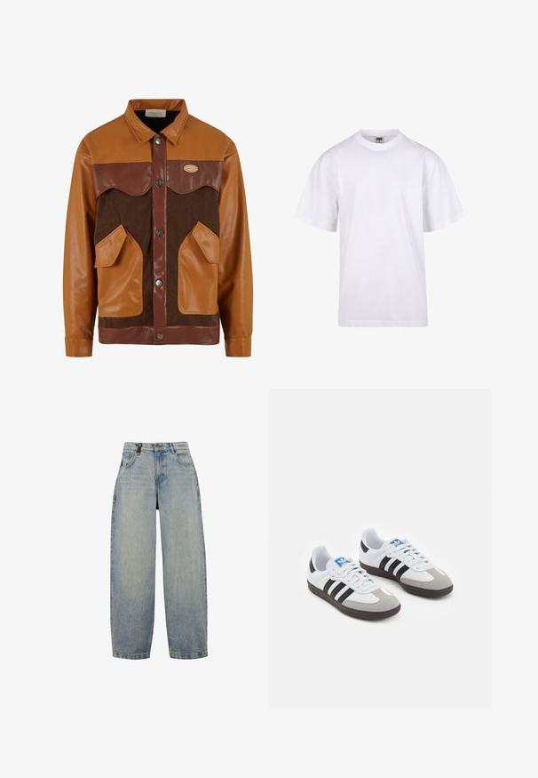 Braun und beige zweifarbige Jacke mit Leder- und Cordura-Texturen, Druckknöpfen und vorderen Taschen mit einem westlichen Yoke-Design.; Weißes Baumwoll-T-Shirt mit Rundhalsausschnitt, kurzen Ärmeln und lockerer Passform. Hat ein schlichtes Design ohne Muster oder Akzente.; Hellblaue Jeans aus Denim mit lässiger Passform, featuring eine hohe Taille, weite Beine, klassischen Fünf-Taschen-Design und Akzente aus Metall.; Sportschuhe mit einem Obermaterial aus weißem Leder, grauer Wildleder-Zehenkappe und drei schwarzen Streifen. Sie verfügen über ein blaues Logo auf der Zunge und eine strukturierte Gummisohle.