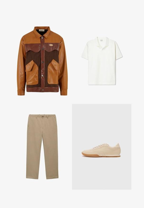 Svetlo rjava in bež dvobarvna jakna, ki vsebuje usnjene in kordne teksture, z gumbi na pritisak in sprednjimi žepi ter zahodnjaškim yoke dizajnom.; Polo majica s kratkimi rokavi iz svetlo bele ribane tkanine, z značilnim ovratnikom in ravnim robom. Minimalističen dizajn brez okrasnih elementov.; Bež chinos hlače s ravnim krojem. Narejene iz bombaža, z zadrgo, zankami za pas in sprednjimi žepi. Gladka tekstura.; Bež semiš čevlji z aerodinamičnim dizajnom, ki imajo teksturirano zgornji del, zaobljen toe in gumijast podplat z zigzag vzorcem.