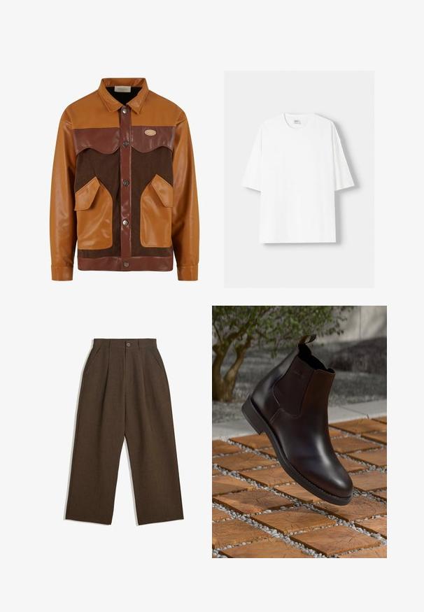 Bruine en tan tweekleurige jas met leren en corduroy texturen, drukknoopsluitingen en voorzakken met een westers-stijl yoke ontwerp.; Witte t-shirt met korte mouwen, gemaakt van katoen, met een ronde halslijn en een relaxte pasvorm. Gladde textuur, zonder zichtbare patronen of accenten.; Bruine geplooide broeken met een wijdvallend ontwerp, voorzien van een knoopsluiting en zijzakken, gemaakt van een textiel dat geschikt is voor casual wear.; Bruine leren Chelsea-boot met elastische zijpanelen, een trekhaak en een gladde afwerking, geplaatst tegen een gestructureerd oppervlak van baksteen en grind.