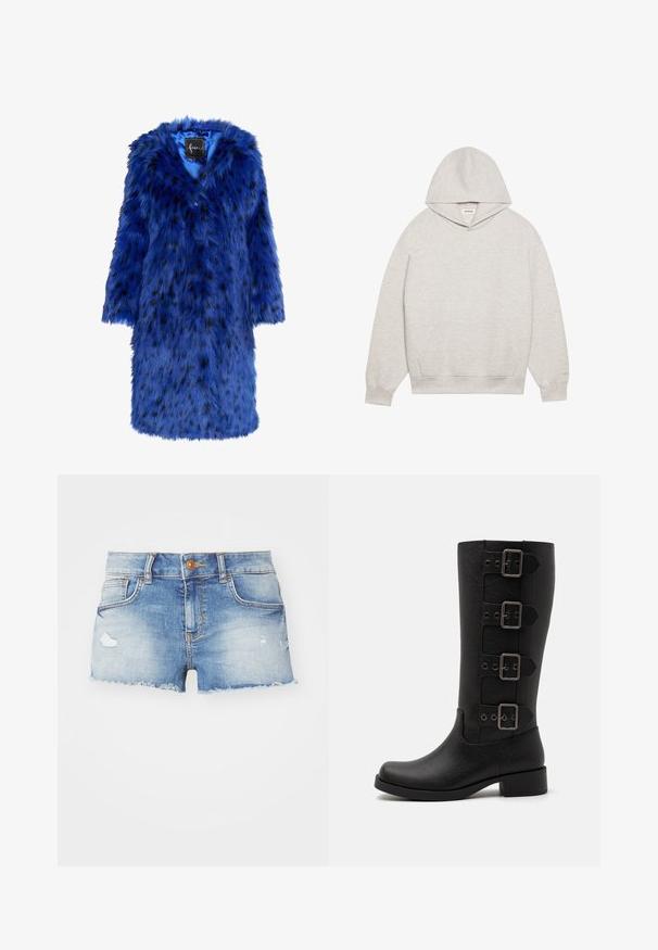 Modrá umělá kožešinová bunda s černými skvrnami, se zaobleným límcem, krátkými rukávy a měkkým, texturovaným povrchem, zdůrazňující odvážný design.; Světle šedá mikina s kapucí vyrobená z měkké tkaniny, se skrytou přední kapsou, nastavitelnou kapucí a žebrovanými manžetami a lemem.; Džínové šortky v světlé modré barvě s opotřebovaným vzhledem, třepeným lemem, designem s pěti kapsami a jedním knoflíkovým zapínáním vpředu.; Černé vysoké boty vyrobené z hladkého syntetického materiálu. Obsahují čtyři dekorativní pásky s obdélníkovými kovovými sponami. Design na blokovém podpatku.