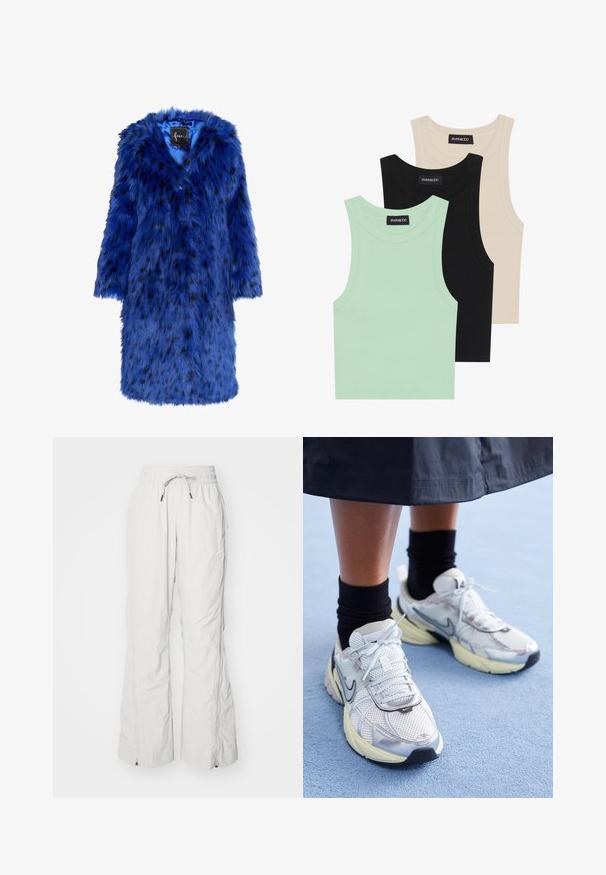 Blå kunstpelsfrakke med sorte pletter, der har en rund krave, korte ærmer og en blød, tekstureret finish, der fremhæver et dristigt design.; Tre tank toppe i mintgrøn, sort og beige; lavet af ribbet stof med rund hals og uden ærmer. Mærket er synligt.; Lys grå cargo bukser lavet af tekstureret stof, med en elastisk talje med snoretræk, sidelommer og lynlåse ved anklerne.; Hvide og sølv Nike sneakers med mesh-stof, reflekterende detaljer og en beige sål. Bæres med sorte sokker og står på en blå overflade.