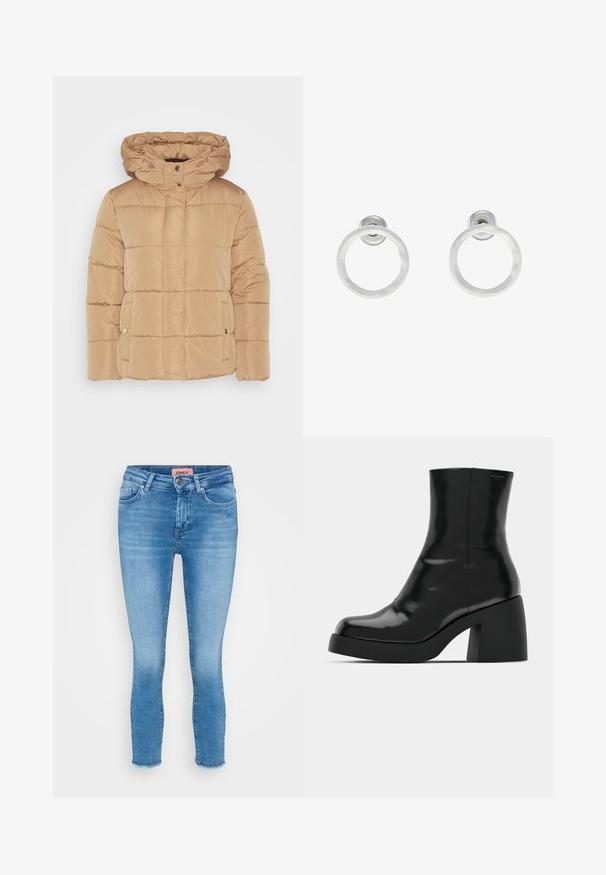 Bežna puhovka s kapuco, ki ima vodoravno šivanje, zapiranje na gumb in stranske žepe. Narejena iz gladkega, vodoodpornega materiala.; Trii dolgi rokavi kroji vrhovi zloženi, barve bela, bež in umirjena teal, z okroglimi izrezi na svetlo sivi podlagi.; Svetlo modri denim skinny jeans z srednjo visokim pasom, zasnovo s petimi žepi in surovo obrobo na gležnjih. Oznaka blagovne znamke vidna na pasu.; Črne gležnjarje z sijajno površino, kvadratnim nosom in debelim blokskim peto. Oblikovanje izstopa s brezšivno silhueto in minimalnim logotipiranjem.; Srebrni kovinski obročasti uhani z brušenjem, s krožno obliko in prozornim zatičem za varno nošenje.
