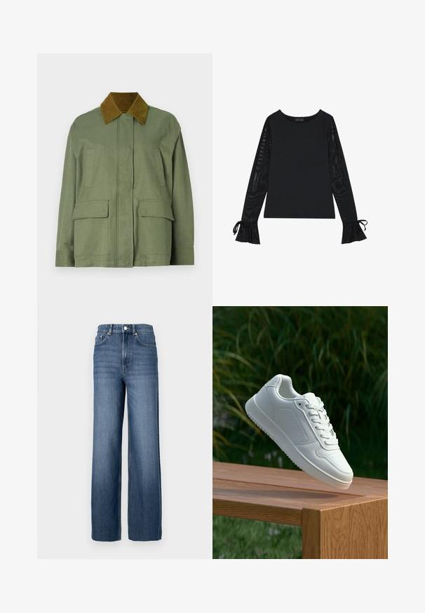 Oliven grønt jakke med en kordfløjs brun krave, der har to forlommer og en lige snit design. Glat tekstur, minimal detaljer.; Sort top med solid krop og gennemsigtige, flagrende ærmer. Har bindebånd ved manchetterne. Lavet af glat stof med en figursyet design.; Blå denimjeans med høj talje og vidde ben. Har et klassisk fem-lomme design og metal knapdetaljer.; Hvid sneaker med en glat syntetisk overdel, perforeret tåboks, flade snørebånd og en tekstureret sål, præsenteret på en træoverflade.