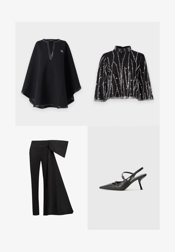 Juodas pončas, pagamintas iš minkštos medžiagos, su gilia V formos iškirpte ir dirbtinės odos apdaila, taip pat išsiuvinėtu logotipu. Lygus, tekstūruotas paviršius.; Juodas trumpas viršus su aukštu kaklu, papuoštas sidabriniais blizgučiais vertikaliomis linijomis, permatomomis rankovėmis ir tekstūruotu audiniu.; Juodos kelnės su plačiu, drabstymu suknelės elementu juosmens srityje. Lygi medžiaga, tiesus kelnių kirpimas ir raukinėtas juosmuo.; Juodi odiniai slingback kulniukai su smailiu pirštu, siauru kulnu ir dekoratyvine sagtimi viršuje. Lygus paviršius ir elegantiškas dizainas.