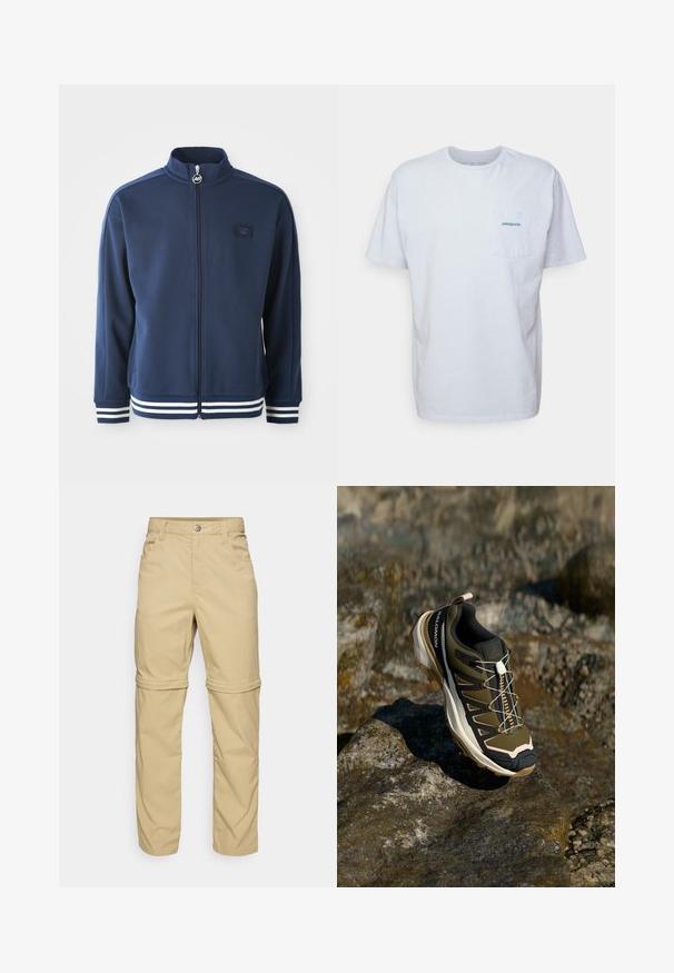 Jūras spēku treniņjakas ar augstu apkakli, pilnu rāvējslēdzēju un priekšējo logotipu. Funkcijas baltas svītru akcenti uz piedurknēm un apakšmalas, izgatavots no gludas auduma.; Balts kokvilnas T-krekls ar īsām piedurknēm, apaļu kakla izgriezumu un kreisajā krūtī kabatu ar zilu "Patagonia" logotipu. Klasiska piegriezuma ar gludu struktūru.; Beige izņemamās bikses ar gludu tekstūru, kas aprīkotas ar divām sānu kabatām, pogu aizdari un ar iespēju uzrullēt piedurknes, lai nodrošinātu daudzveidību.; Tūrisma apavi olīvzaļā un melnā krāsā ar rozā akcentiem. Iespējas ietver teksturētu virsu, elastīgu zoli, pastiprinātu purngalu un krāsainu šņorējuma sistēmu.