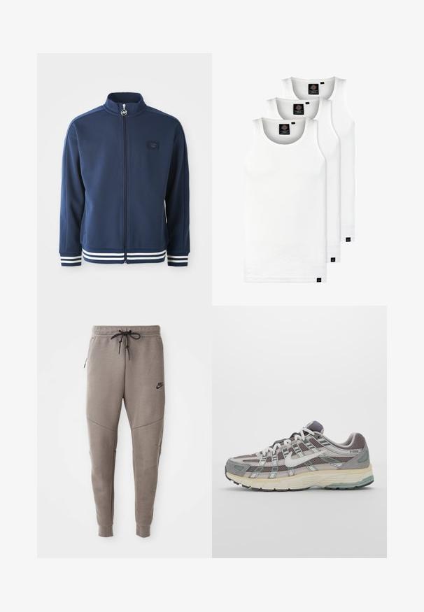 Navy track jacket with high collar, full zipper, and front logo. Features white stripe accents on cuffs and hem, made from smooth fabric.; Three white ribbed tank tops made of cotton. Features a crew neck and small black labels near the hem. Available in multiple sizes.; Gray Nike sweatpants with a drawstring waistband, tapered legs, side pockets, and distinct seam detailing. Soft, textured fabric.; Gray athletic shoe featuring a mesh and suede upper, white accents, a cushioned sole, and a distinctive design with reflective elements.