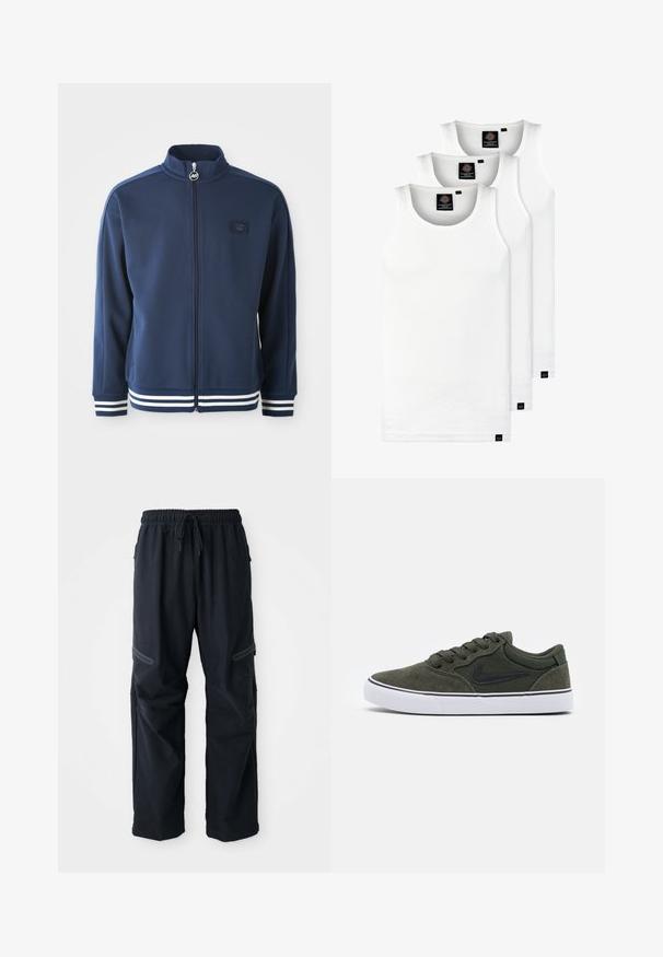 Jūras spēku treniņjakas ar augstu apkakli, pilnu rāvējslēdzēju un priekšējo logotipu. Funkcijas baltas svītru akcenti uz piedurknēm un apakšmalas, izgatavots no gludas auduma.; Trīs baltas ribotas krūšturi, kas izgatavoti no kokvilnas. Iezīmēti ar apaļu kakla izgriezumu un maziem melniem etiķetēm tuvu apakšmalai. Pieejami vairākos izmēros.; Melni ikdienas bikses ar elastīgu jostu, auklu un ar rāvējslēdzēju aizveramām kabatām uz balta fona.; Zaļi zamšādas tenisi ar melniem akcentiem un baltu gumijas zoli; ar auklām, mīkstu apkakli un sānu logotipu. Gluda tekstūra, zema augstuma dizains.