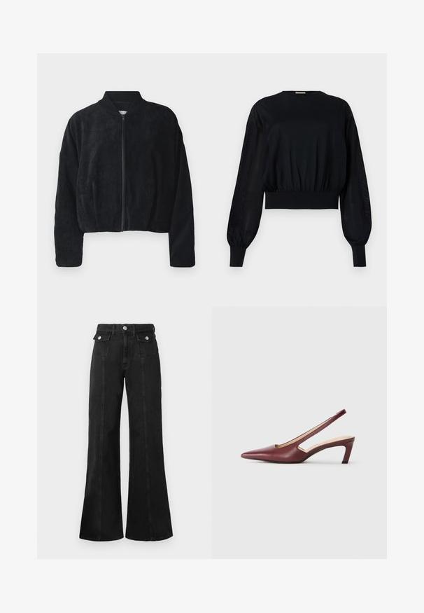 Jachetă bomber din fâș negru, cu fermoar frontal, guler ribbed și mâneci largi, având o suprafață texturată și un design scurt.; Bluză neagră scurtă cu guler rotund, mâneci lungi bufante și manșete cu coaste. Dispune de un talie elastică strânsă și panouri laterale transparente.; Jeans flared din denim negru cu talie înaltă, având două buzunare frontale, detalii din metal argintiu și cusături vizibile pe față.; Sandale cu toc mediu, de culoare Burgundy, cu vârf ascuțit, detalii decupate pe lateral și toc bloc. Finisaj din piele netedă.