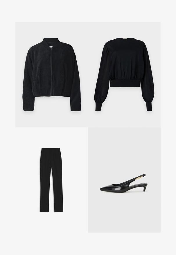 Black corduroy bomber jacket with a front zipper, ribbed collar, and wide sleeves, featuring a textured surface and cropped design.; Black cropped blouse with a round neckline, puffed long sleeves, and ribbed cuffs. Features a tight elasticized waistband and sheer side panels.; Black tailored trousers with a straight-leg design, featuring front pockets and a smooth, textured fabric. Neat, minimal detailing.; Black leather slingback heels with a pointed toe, featuring a slim heel and a gold-tone accent on the adjustable strap. Smooth texture.