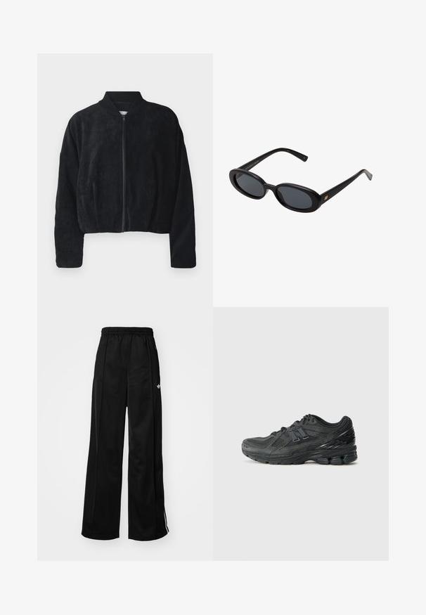 Black corduroy bomber jacket with a front zipper, ribbed collar, and wide sleeves, featuring a textured surface and cropped design.; White long-sleeve cropped t-shirt made from cotton, featuring a round neck and a single chest pocket. Smooth texture with a minimalist design.; Black wide-leg track pants with an elastic waistband, featuring white side stripes and a small logo on the left hip. Smooth fabric texture.; Black running shoes featuring a mesh upper, padded collar, synthetic accents, and a textured sole with visible cushioning elements.; Black oversized sunglasses with oval lenses, smooth plastic frame, and gold accents on temple. Dark lenses provide sun protection.
