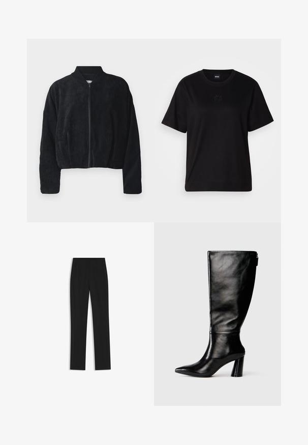 Black corduroy bomber jacket with a front zipper, ribbed collar, and wide sleeves, featuring a textured surface and cropped design.; Black cotton t-shirt with a crew neckline, short sleeves, and an embroidered logo on the chest. Simple, relaxed fit with no patterns.; Black tailored trousers with a straight-leg design, featuring front pockets and a smooth, textured fabric. Neat, minimal detailing.; Knee-high black leather boot with a pointed toe, smooth texture, and a chunky heel. Features a zipper detail at the back.