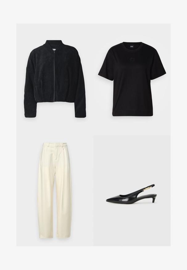 Črna kordna bomberska jakna z zadrgo spredaj, ribastim ovratnikom in širokimi rokavi, s teksturirano površino in skrajšanim dizajnom.; Črna bombažna majica s krožnim izrezom, kratkimi rokavi in izvezenim logotipom na prsih. Preprosta, sproščena silhueta brez vzorcev.; Plisirane hlače z visokim pasom iz svetlo kremnega blaga. Imajo ravno krojenje in gladko teksturo. Brez žepov ali vidne strojne opreme.; Črne usnjene sandale na peto z ostro konico, ki imajo tanko peto in zlat ton na nastavljivem traku. Gladka tekstura.