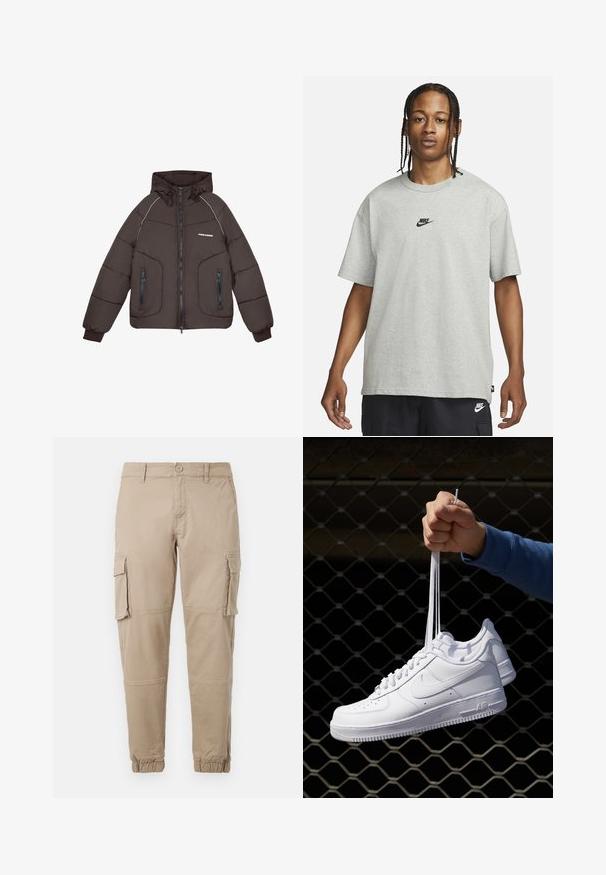 Brown puffer jacket with a hood, featuring zippered pockets, contrasting white stitching, and the brand name "PEGADOR" on the chest.; Young person with braided hair wearing a light gray Nike T-shirt and black Nike shorts against a plain white background.; Beige cargo pants in a lightweight cotton material. Features elastic cuffs, multiple side pockets, and a button closure.; White leather sneakers with perforations, round toe, flat sole, and thick laces, featuring a visible swoosh logo and "AIR" on the heel.