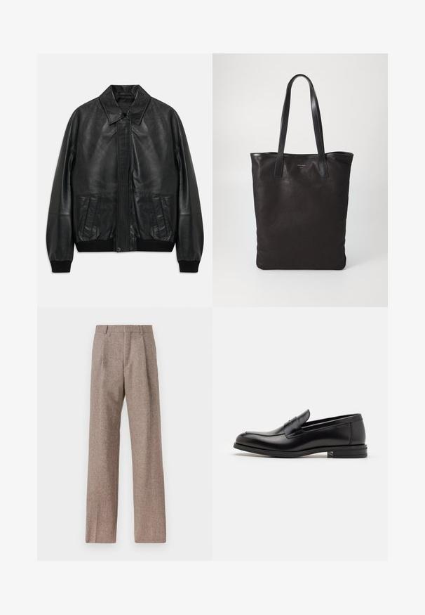 Juodas odinis švarkas su priekinėmis kišenėmis, susigūžusiais rankogaliais ir juosmeniu, turintis smaigalį apykaklę ir paslėptą priekinį uždarymą.; Balta ilga rankovė mygtukų marškiniai, pagaminti iš medvilnės, su krūtine kišene ir toniniu siuvinėjimu, apykakle ir mygtukų apvadu.; Rudos, aukšto liemens kelnes, pagamintas iš tekstūruotos medžiagos. Plati kojos, dvi priekinės klostės struktūrai. Tvarkingas apdailos darbai, be matomų detalių.; Juodos odinės loafers, turinčios lygų paviršių, apvalią noselę ir dekoratyvinę juostą per priekinę dalį. Žemas krentantis kulnas, minimalistinis dizainas.; Juodas drobės pirkinių maišelis su juodais odiniais rankenomis. Paprastas dizainas, erdvus kūnas ir lygus paviršius. Nėra matomų logotipų ar raštų.