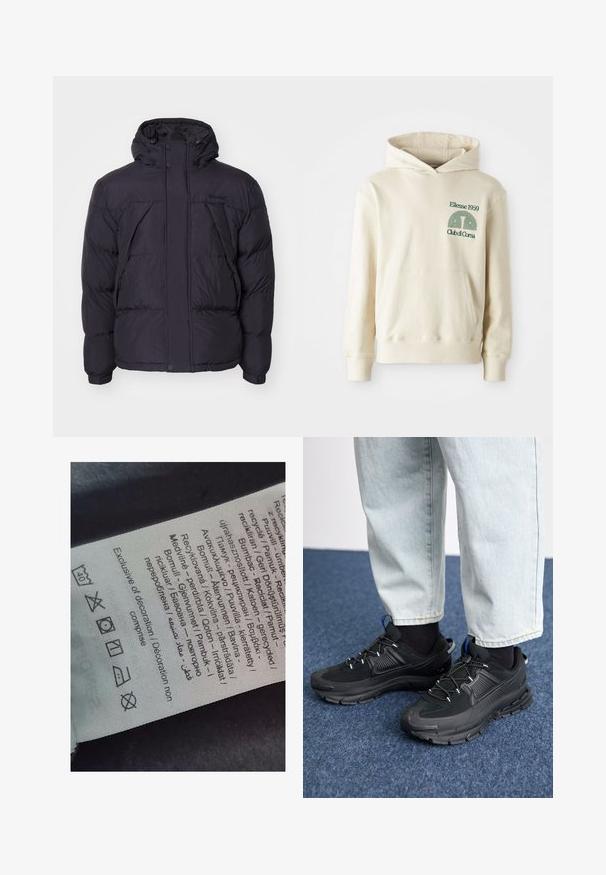 Casaco acolchoado preto com capuz, apresentando uma textura ligeiramente brilhante, design acolchoado e botões frontais. Logótipo da Timberland no peito.; Hoodie de algodão bege com um bolso canguru. Logótipo em texto verde "Ellesse 1959" e gráfico curvo na área do peito esquerdo. Textura suave, ajuste regular.; Etiqueta com texto multilingue, símbolos de cuidado e ícones de reciclagem, impressa em um material macio e semelhante a tecido em cor clara.; Sapatilhas desportivas pretas com tecido texturizado e solas em borracha, apresentando atacadores elásticos e um detalhe azul no calcanhar. Usadas com calças de ganga claras.