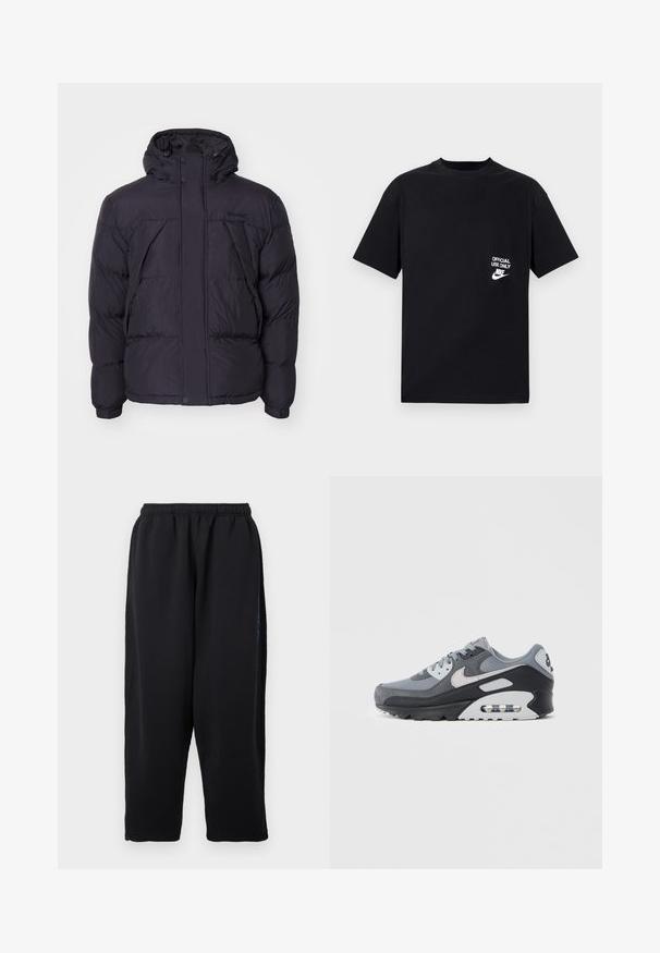 Crna puf jakna s kapuljačom, s lagano sjajnom teksturom, kviltanim dizajnom i prednjim gumbima. Timberland logo na prsima.; Crna pamučna majica kratkih rukava, okruglog izreza, s bijelim natpisom "SAMO ZA SLUŽBENU UPOTREBU" i Nike logom na lijevoj strani prsiju.; Crne trenirke od meke tkanine, s elastičnim pojasom, širokim nogavicama i bočnim džepovima s diskretnim plavim detaljima.; Sivi tenis s mješavinom mrežastih i brušenih materijala, s crnim potplatom i vidljivom zračnom jedinicom. Primjetni svijetlosivi detalji i vezice.