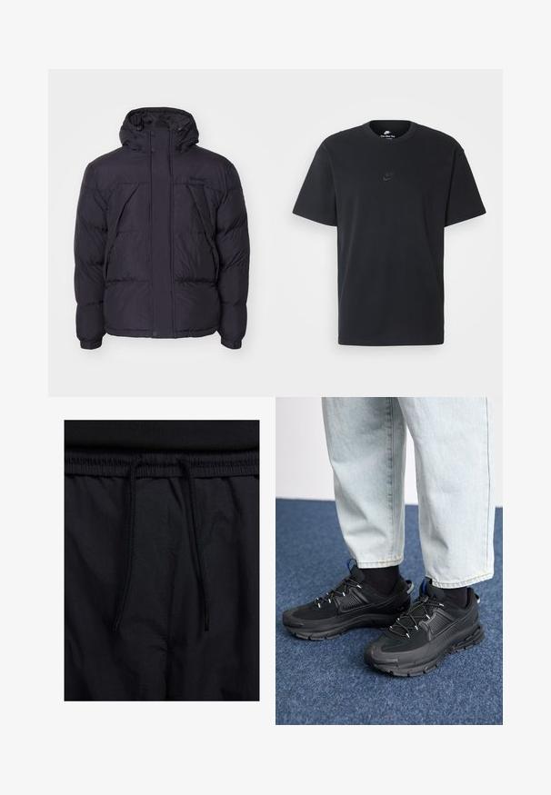 Melna pūkainā jaka ar kapuci, ar nedaudz spīdīgu tekstūru, iešūtu dizainu un priekšējiem pogām. Timberland logo uz krūškurvja.; Nike melns kokvilnas T-krekls ar klasisku piegriezumu, īsām piedurknēm un smalku, reljefu logotipu uz krūškurvja. Gluda tekstūra.; Melni šorti ar sašūtu jostu, viegls audums ar gludu tekstūru un vienkāršs dizains bez redzamiem logotipiem vai paraugiem.; Melni sporta apavi ar strukturētu audumu un gumijas zoli, ar elastīgām auklām un zilu akcentu uz papēža. Nēsāti ar gaišām džinsu biksēm.