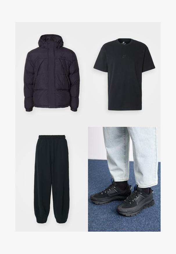 Giacca a vento nera con cappuccio, caratterizzata da una texture leggermente lucida, design trapuntato e bottoni frontali. Logo Timberland sul petto.; T-shirt in cotone nero della Nike con collo rotondo classico, maniche corte e un logo in rilievo discreto sul petto. Texture liscia.; Pantaloni da jogging neri con vita elasticizzata, dalla vestibilità morbida, caviglie a costina, texture liscia e senza motivi visibili o dettagli in metallo.; Scarpe sportive nere con tessuto testurizzato e suole in gomma, dotate di lacci elastici e un accento blu sul tallone. Indossate con pantaloni in denim chiaro.
