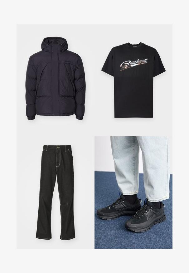 Black puffer jacket with a hood, featuring a slightly shiny texture, quilted design, and front buttons. Timberland logo on the chest.; Black cotton t-shirt featuring a glossy "Carhartt" logo in stylized silver lettering across the chest, short sleeves, and crew neck.; Black denim jeans with a loose fit, featuring contrasting white stitching, a button closure, and a straight leg design.; Black athletic shoes with textured fabric and rubber soles, featuring elastic laces and a blue accent on the heel. Worn with light denim pants.