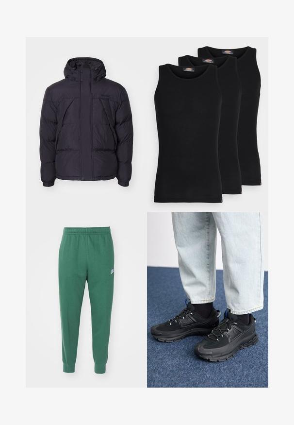 Zwarte pufferjack met capuchon, met een licht glanzende textuur, gestikte design en knopen aan de voorkant. Timberland-logo op de borst.; Zwarte tanktops in een verpakking van drie. Ribbelstructuur, standaard ronde halslijn, zonder mouwen. De zoom is voorzien van een klein merkembleem aan de onderkant.; Nike Sportswear CLUB JGGR - Trainingsbroek - fir/white; Zwarte sportschoenen met gestructureerde stof en rubberen zolen, met elastische veters en een blauwe accent op de hiel. Draag samen met lichte spijkerbroeken.