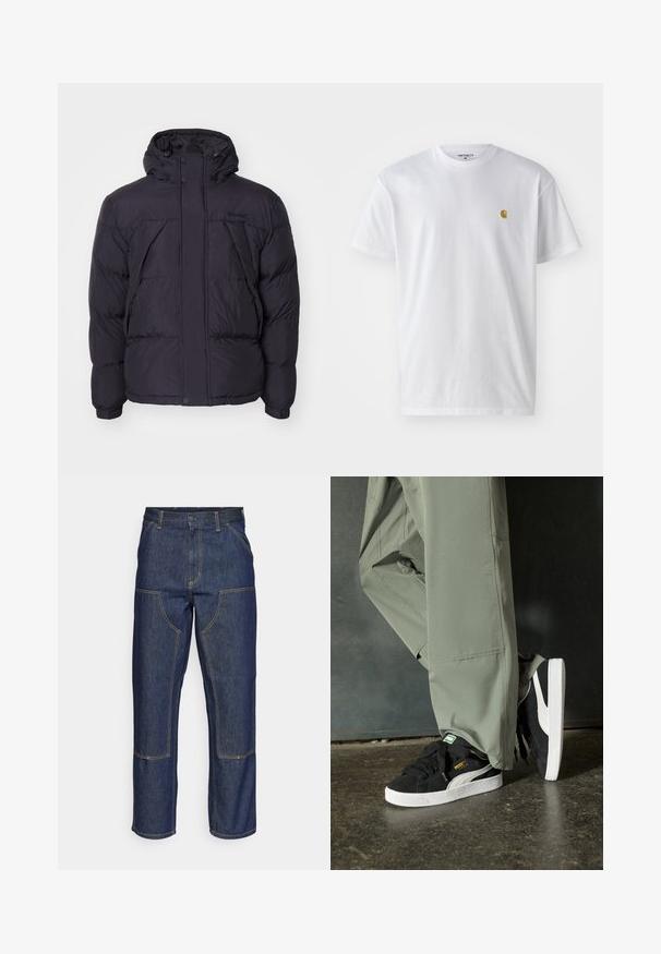 Chaqueta de abrigo negra con capucha, con una textura ligeramente brillante, diseño acolchado y botones en la parte frontal. Logotipo de Timberland en el pecho.; Camiseta de algodón blanca con mangas cortas, cuello redondo, que presenta un pequeño logo dorado en la parte izquierda del pecho. Textura suave y corte regular.; Jeans de mezclilla azul oscuro con cintura alta, diseño de pierna recta, costuras contrastantes y bolsillos de parche en la parte delantera.; Zapatillas de ante negras con suelas de goma blancas y rayas laterales, combinadas con pantalones cargo verde claro, de pie sobre una superficie oscura texturizada.