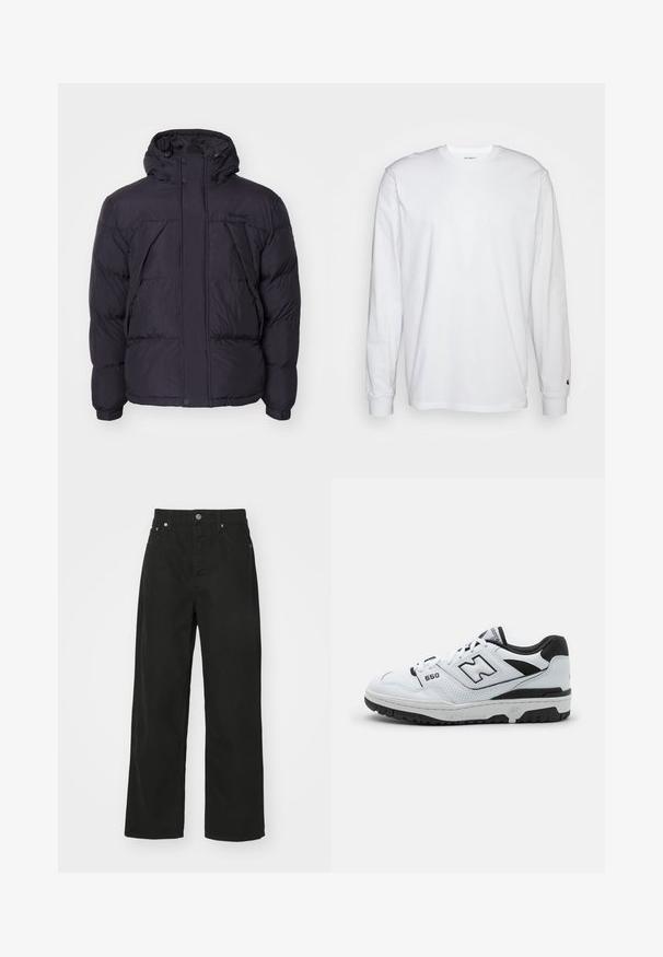 Black puffer jacket with a hood, featuring a slightly shiny texture, quilted design, and front buttons. Timberland logo on the chest.; White long-sleeved T-shirt made of cotton. Crew neck design with ribbed cuffs and a small logo on the left sleeve. Smooth texture.; Black denim trousers with a straight leg design, featuring five pockets, a button closure, and a classic waistband. Smooth texture.; White low-top sneaker with black accents, leather and mesh upper, perforated detailing, padded collar, and thick rubber sole. Model 550.