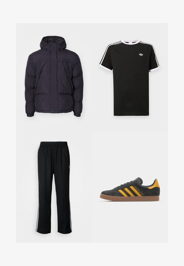 Čierna prešívaná bunda s kapucňou, s jemne lesklou textúrou, prešívaným vzorom a prednými gombíkmi. Logo Timberland na hrudi.; Čierne tričko vyrobené z bavlny s bielymi akcentmi. Má krátke rukávy, raglánový strih a malé logo na hrudi. Tri biele pruhy na pleciach.; Čierne športové nohavice s elastickým pásom, s bielymi bočnými prúžkami a malým logom. Materiál vyzerá byť mäkký a ľahký.; Čierne semišové tenisky so žltými akcentmi, ktoré majú tri pruhy a hnedú gumovú podrážku. Obsahujú vypolstrovaný jazyk pre pohodlie.