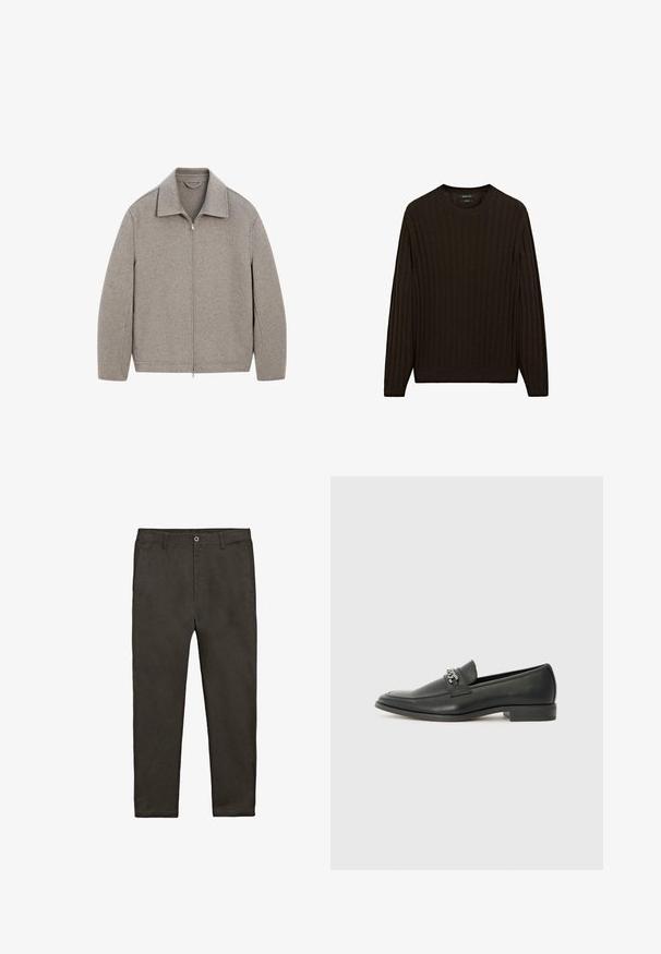 Světle šedá zipová bunda s mandarínským límcem, vyrobená z měkké tkaniny, s rovný střih a minimálními švy.; Hnědý žebrovaný svetr s dlouhými rukávy a kulatým výstřihem. Má texturovanou látku a těsný střih v pase a na manžetách.; Tmavě šedé kalhoty rovného střihu s poutky na pás, bočními kapsami a knoflíkovým zapínáním v pase.; Černé kožené mokasíny s hladkým povrchem, s prošívaným designem a dekoračním kovovým řetízkem přes nárt. Plochý podpatek.