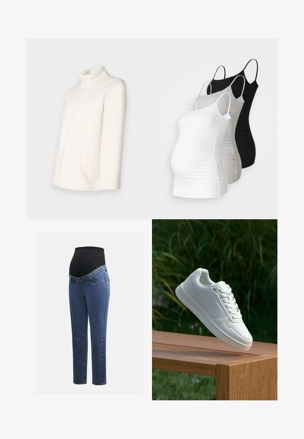 Balta vilnas jaka ar garām piedurknēm, augstu apkakli, priekšpusi ar pusīm zipsu un apaļām sānu kabatām uz vienkrāsaina fona.; Trīs grūtniecības tērpi bez piedurknēm baltā, pelēkā un melnā krāsā. Elastīgs audums ar regulējamiem tievajiem plecu siksniņām un savilktām sānu šuvēm komfortam.; Māmiņu džinsi ar zilu denima kājām un melnu elastīgu vēdera paneli, kas izstrādāts, lai atbalstītu un nosegtu augošu vēderu.; Baltie sporta apavi ar gludu sintētisku augšpusi, perforētu pirkstu daļu, plakani šņorēm un rakstainu zoli, novietoti uz koka virsmas.