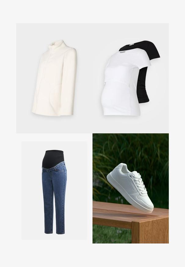 Φόρμα από λευκή φλις ύφανση με μακριά μανίκια, ψηλό γιακά, μπροστινό μισό φερμουάρ και στρογγυλές πλαϊνές τσέπες, σε απλό φόντο.; Μαύρα και λευκά μπλουζάκια εγκυμοσύνης, κοντά μανίκια, από μαλακό βαμβακερό υλικό, με σχεδίαση πολλαπλών επιπέδων και συγκεντρωμένο τμήμα για την αναπτυσσόμενη κοιλιά.; Μητρότητας τζιν με μπλε τζιν πόδια και μαύρη ελαστική κοιλιακή επιφάνεια σχεδιασμένη να στηρίζει και να καλύπτει μια αυξανόμενη κοιλιά.; Λευκό αθλητικό παπούτσι με λείο συνθετικό επάνω μέρος, περforατισμένη μύτη, επίπεδα κορδόνια και υφασμένη σόλα, εκτεθειμένο σε ξύλινη επιφάνεια.