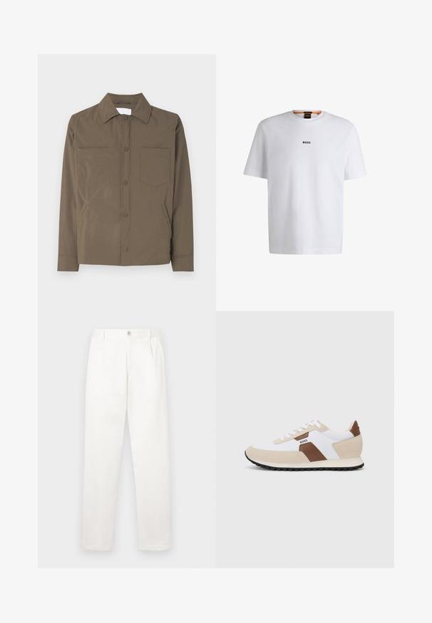 Barna gombos dzseki, könnyű, sima anyagból készült. Két elülső zseb és gallér jellemzi. Nincsenek látható minták vagy díszítések.; Fehér pamut póló rövid ujjakkal, középen fekete "BOSS" logóval a mellkason és kerek nyakú kialakítással.; Fehér nadrág sima anyagból, egyenes lábbal, elülső pliszékkal és egy gombos záródással a derékon.; Fehér hálós anyag és bézs velúr keverékével készült sportcipők, barna bőr díszítéssel. Lekerekített orr, lapos gumitalp és fűzős kivitel.