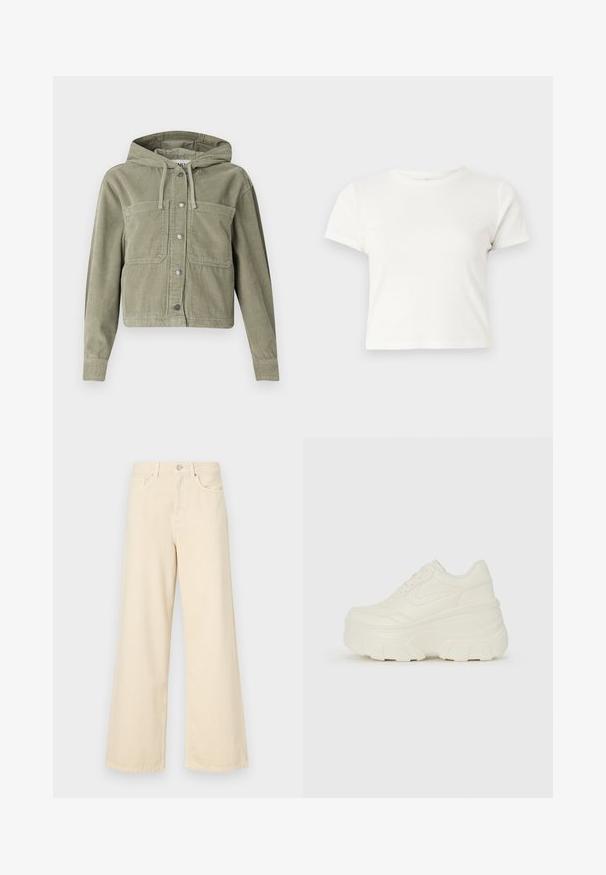 Olive green corduroy jacket with a hood, featuring a button front, two chest pockets, and ribbed texture. Cropped, fitted design.; Short white t-shirt made of cotton with short sleeves, a round neckline, and a straight hem, featuring a smooth texture and minimal design.; Beige wide-leg jeans made of cotton. Features a button closure, belt loops, and front pockets with a smooth, soft texture.; White platform sneakers featuring a smooth leather-like upper, rounded shape, padded collar, and textured rubber sole with defined treads.