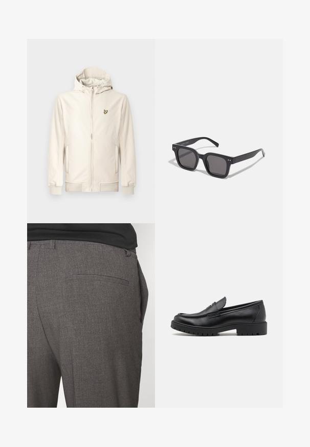 Lysebeige hættejakke lavet af glat stof. Har en lynlås foran, sidelommer, ribstrikkede manchetter og et lille broderet logo på brystet.; Sort turtleneck sweater lavet af et blødt strikmateriale. Har lange ærmer, ribbet krave og kant. Enkel, slank design uden mønstre.; Grå skræddersyede bukser med en glat tekstur, udstyret med en enkelt baglomme og et slim fit design. Stoffet har et subtilt mønster.; Sorte læder loafers med rund tå, slip-on design og tyk gummisål med tekstureret greb. Forhøjet hæl og subtile syninger.; Sorte rektangulære solbriller med mørke linser, der har en tyk ramme, subtile detaljer på siderne og uden synlige logoer udover mærkenavnet.; Sort taske lavet af holdbart stof, med to lange håndtag, justerbare stropper og en frontlomme. Textureret overflade med minimal branding.