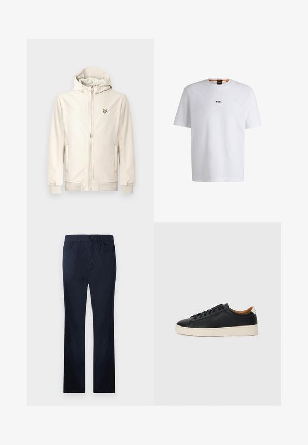 Gaiši bēša kapuce jaka, izgatavota no gludas auduma. Tai ir priekšējais rāvējslēdzējs, sānu kabatas, ribota apmale piedurknēm un neliels izšūts logotips uz krūtīm.; Balta kokvilnas T-kreklu ar īsām piedurknēm, ar melnu "BOSS" logotipu centrā uz krūšu un apļa formas kakla dizainu.; Tumši zili kokvilnas bikses ar taisnu piegriezumu, kurās ir priekšējās un aizmugurējās kabatas, rāvējslēdzēja aizdare un viena pogas aizdare.; Melni ādas sporta apavi ar gludu tekstūru, bēša krāsas gumijas zole, auklu aizdare un kontrastējošs papēža akcents.