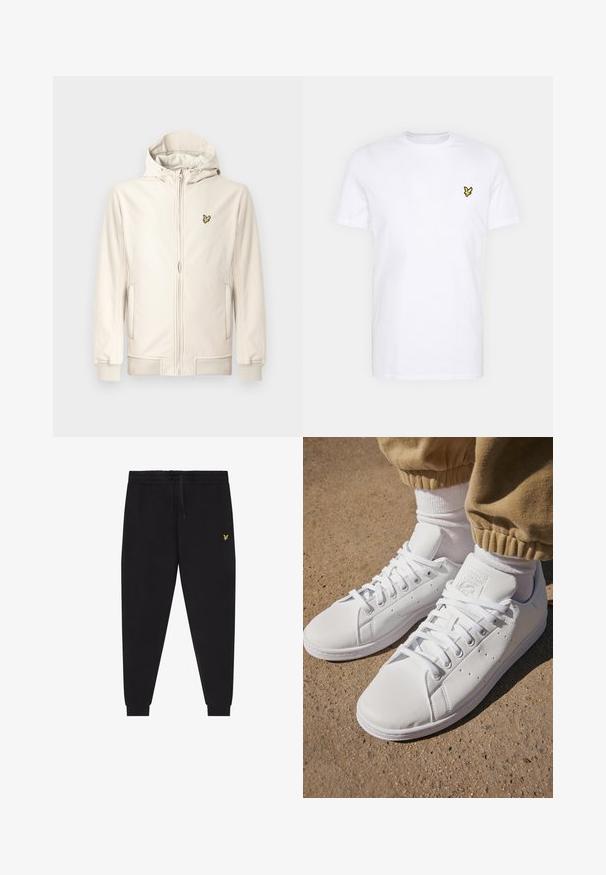Ανοιχτό μπεζ μπουφάν με κουκούλα από λείο ύφασμα. Διαθέτει μπροστινό φερμουάρ, πλαϊνές τσέπες, ριμπ μανσέτες και ένα μικρό κεντημένο λογότυπο στο στήθος.; Λευκό βαμβακερό T-shirt που διαθέτει ένα μικρό κεντημένο λογότυπο σε μαύρο και κίτρινο στο αριστερό στήθος. Κοντά μανίκια και στρογγυλή λαιμόκοψη.; Μαύρο παντελόνι jogging με ελαστική μέση και κορδόνι, κωνικά πόδια με τελείωμα και μικρό κίτρινο κεντητό λογότυπο στον δεξιό μηρό.; Λευκά δερμάτινα sneakers με λεία επιφάνεια, διαθέτοντας κλασικό σχέδιο με κορδόνια, τρυπήματα για αναπνοή και υφασμάτινη λαστιχένια σόλα.