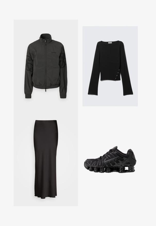 Črna lahka jakna z dvignjenim ovratnikom, sprednjim zadrgo, elastičnimi zapestji in dekorativnim vezenjem na rokavih. Gladka tekstura tkanine.; Črni dolgi rokavi vrh iz gladkega blaga, ki ima čolnasti izrez, skrajšano dolžino in stranski detajl s srebrnimi gumbi.; Črna, dolga satenska krila z gladko teksturo, prilegajoč pas in A-linijo, brez vidnih okraskov ali vzorcev.; Črne atletske čevlje z mrežasto zgornjico in sijočimi detajli. Imajo ukrivljeno podložitev iz vzmeti in teksturirane linije na strani. Logotip Nike je viden.
