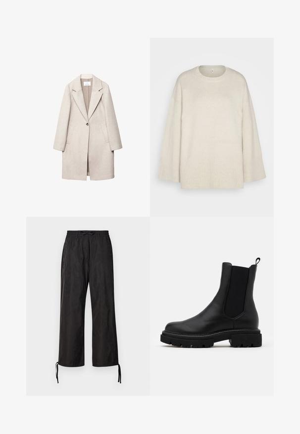 Jasnobeżowy wełniany płaszcz z wyciętym kołnierzem, zapięcie na pojedynczy guzik, dwie przednie kieszenie i luźny krój. Teksturowana powierzchnia tkaniny.; Jasno beżowy sweter wykonany z miękkiej dzianiny, z okrągłym dekoltem, opadającymi ramionami oraz prążkowanymi akcentami na hemie i rękawach.; Czarne, luźne spodnie z elastycznym pasem i regulowanymi sznurkami u kostek. Gładki materiał o subtelnym połysku.; Czarne skórzane botki Chelsea z elastycznymi panelami bocznymi i pętelką. Grube, teksturowane czarne gumowe podeszwy z wytrzymałym wzorem bieżnika.