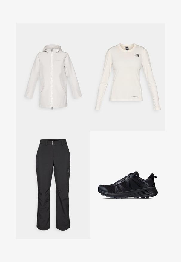 Jack Wolfskin DAKAR - Regenjacke / wasserabweisende Jacke - sea shell; The North Face SHADOW LONG SLEEVE - Langarmshirt - white dune; Schwarze Outdoor-Hosen mit geradem Schnitt, Knopfverschluss, seitlichen Reißverschlusstaschen und einem Logo-Patch auf dem linken Oberschenkel.; Schwarzer Trailrunning-Schuh mit einem Obermaterial aus Mesh und Gummisohle. Mit strukturierten Überzügen, verstärkter Zehenkappe und Markenlogo an der Ferse.